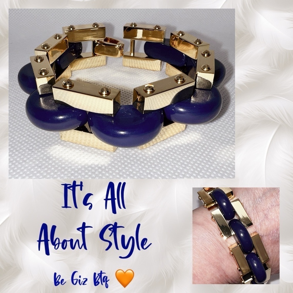 Tory Burch Chunky Bold Statement Polished Gold Chain Bracelet With Blue Enamel